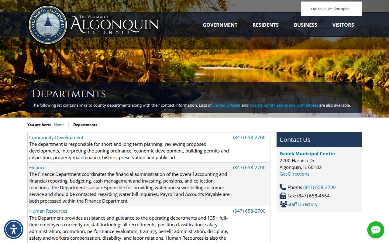 Algonquin village departments page and police records contact route
