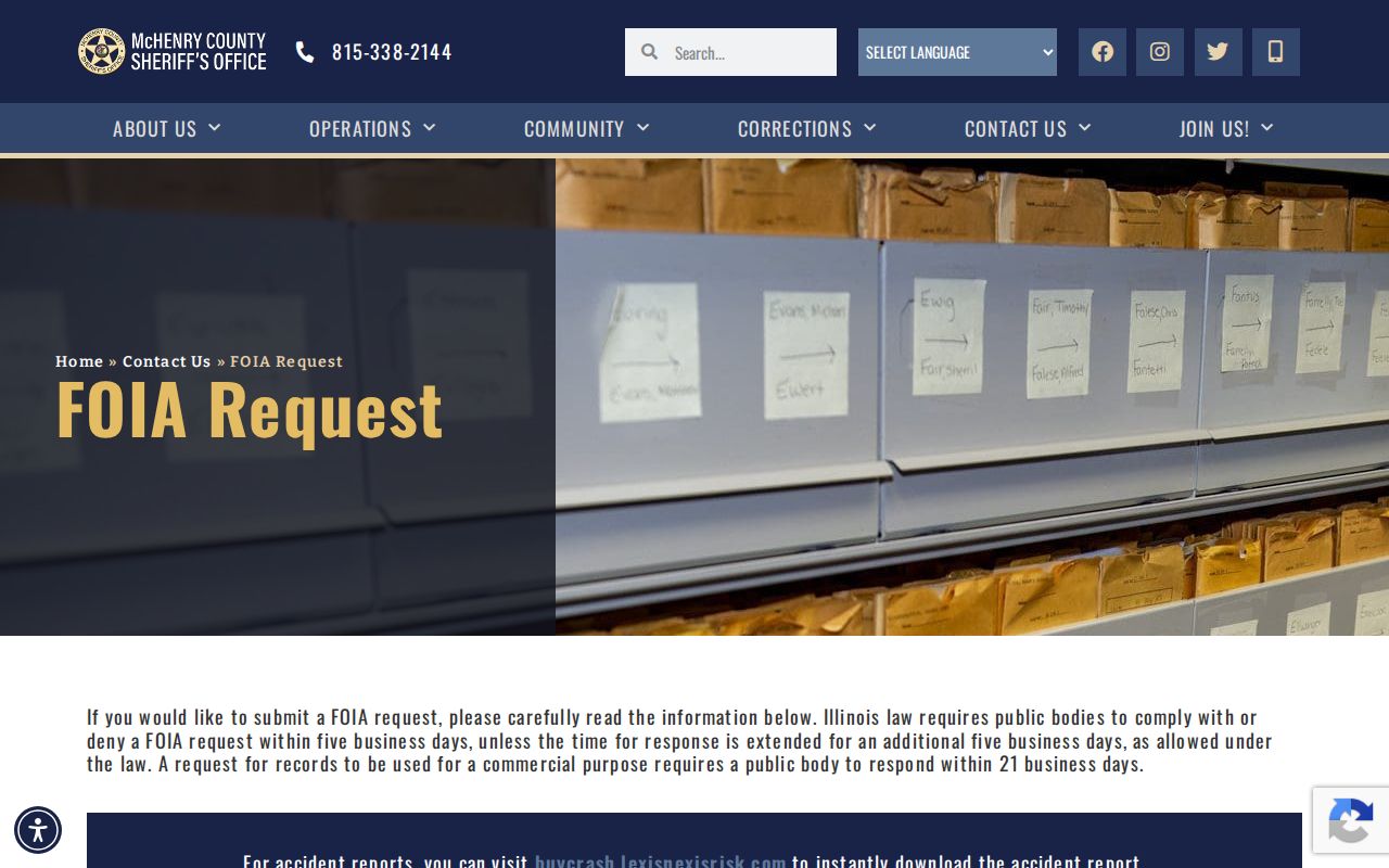 McHenry County Sheriff FOIA request information for booking records