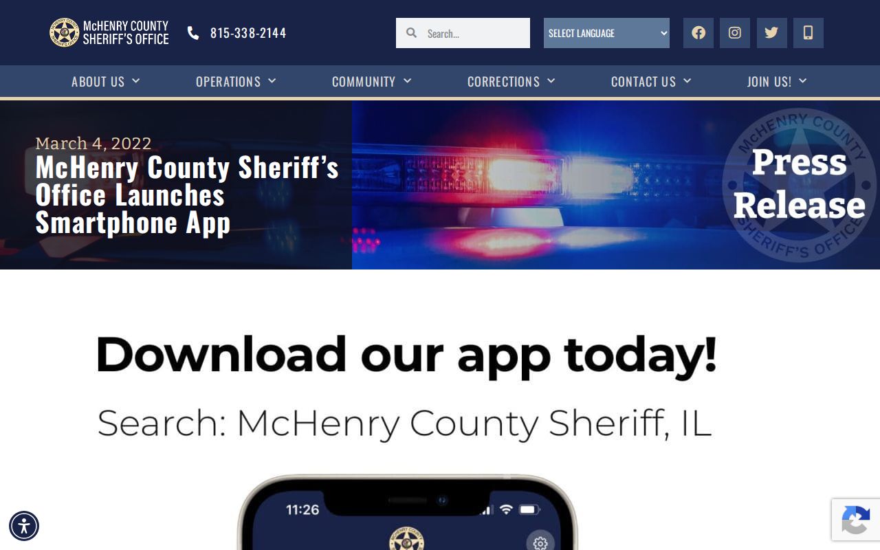McHenry County Sheriff smartphone app announcement and inmate-information channel