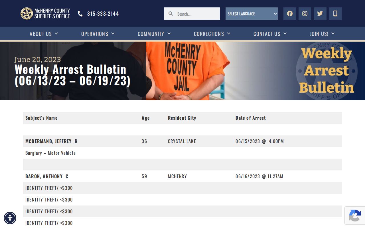 McHenry County Sheriff weekly arrest bulletin fields and stated arrest week