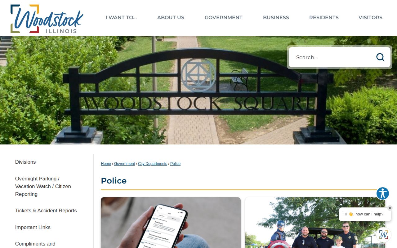 Woodstock Police Department page and municipal records route