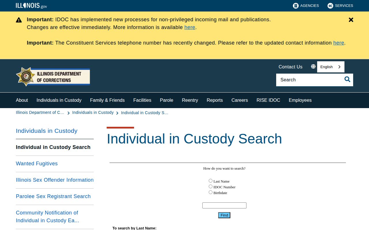 Illinois Department of Corrections offender search for sentenced state custody records