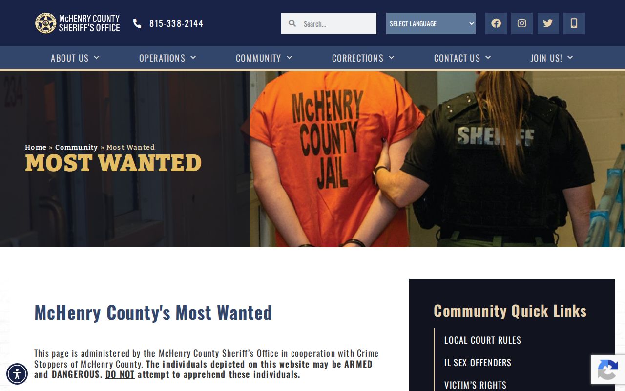 McHenry County Sheriff Most Wanted page and law-enforcement safety notice